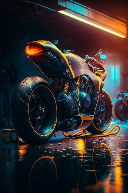 Motorcycle is parked in garage at night Generative AI