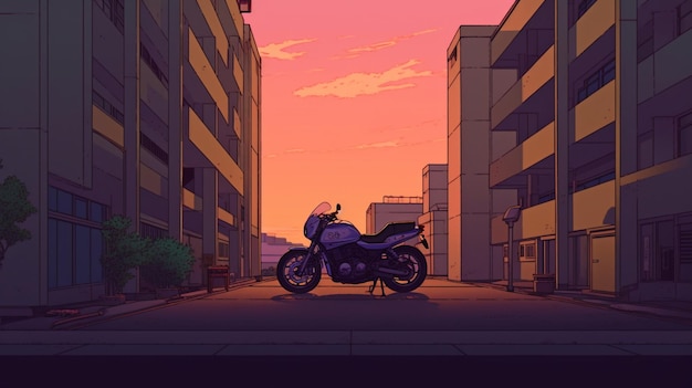 A motorcycle is parked in a small parking space between two buildings as dusk fallsThe Generative AI