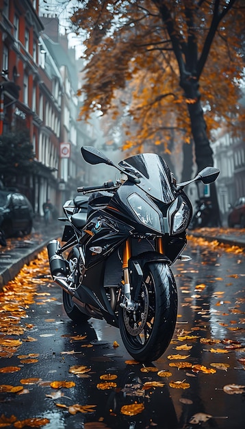 Photo a motorcycle is parked on the street in the rain