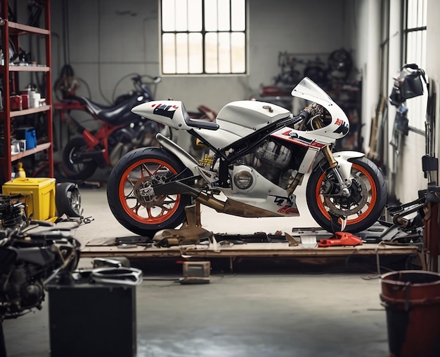 a motorcycle is on a wooden platform with other motorcycles in a garage