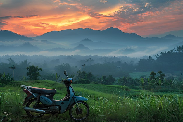 A motorcycle parked in a field with a sunset in the background and mountains in the distance with