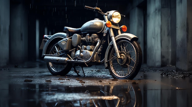 a motorcycle parked on a wet floor