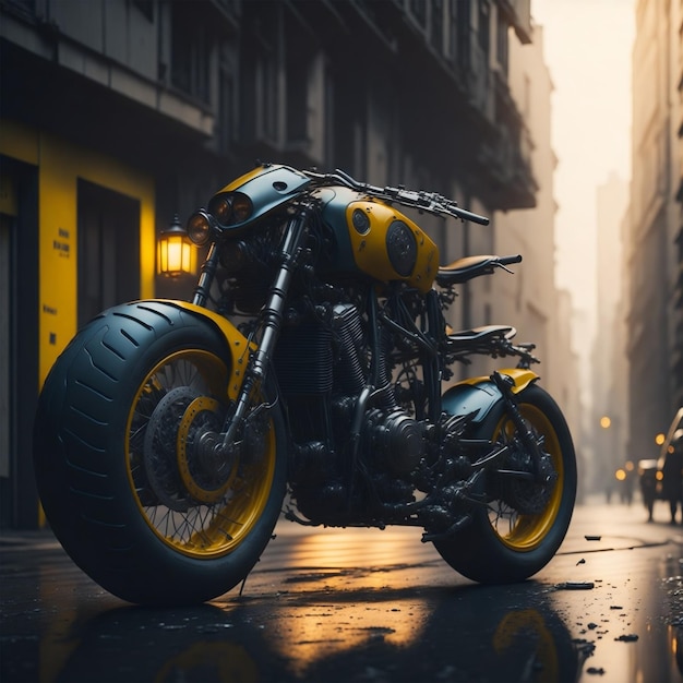 A motorcycle parked on a wet street in the rain.