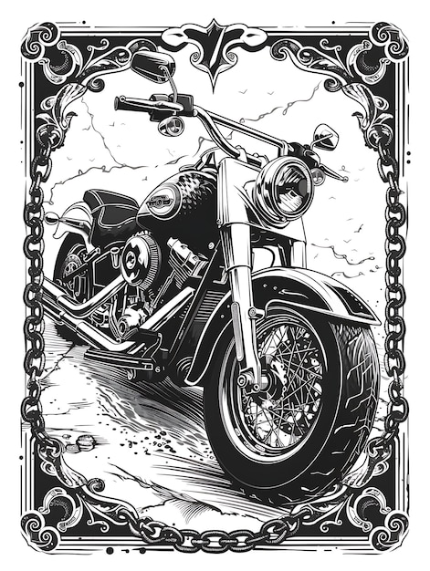 Motorcycle Postcard Design With Edgy Frame Style Design Deco Outline Scribble CNC Tattoo Ink Art