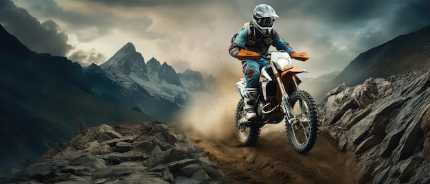 Photo motorcycle professional motorbike rider riding with high speed in the mountains way concept of motos