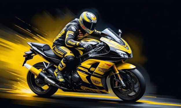 A motorcycle racer in full gear riding a yellow and black sport motorcycle