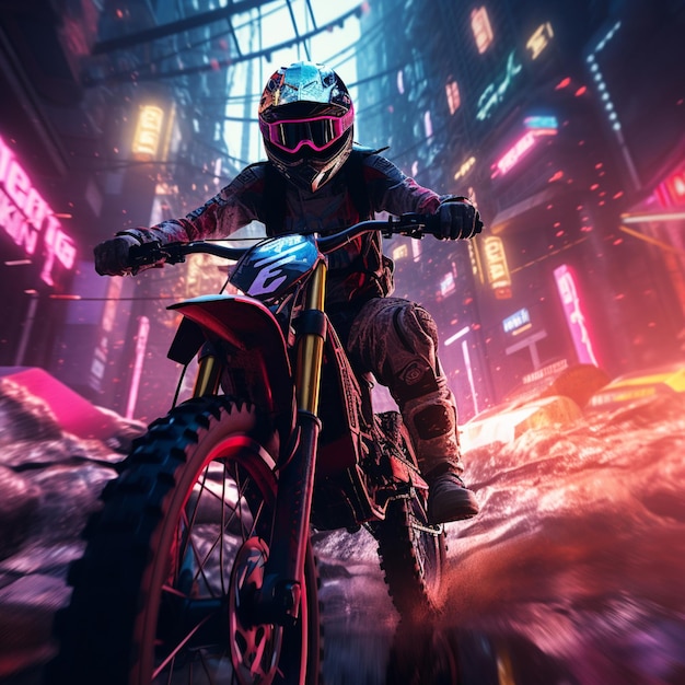 Photo motorcycle rider in a city at night with neon lights generative ai