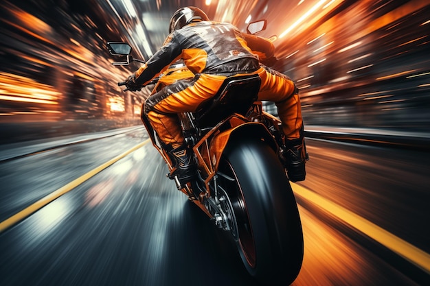 A motorcycle rider drives at high speed on the road by Generative AI