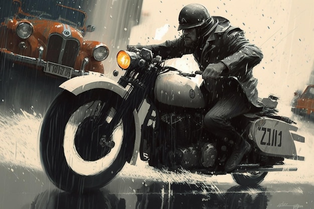 Motorcycle rider in the rain generative ai