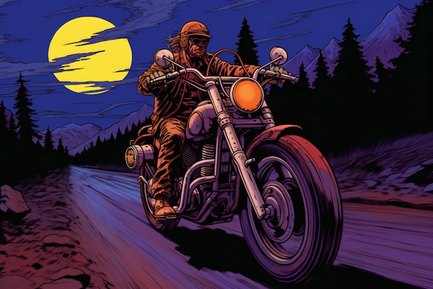 Photo motorcycle rider on the road in the mountains cartoon style