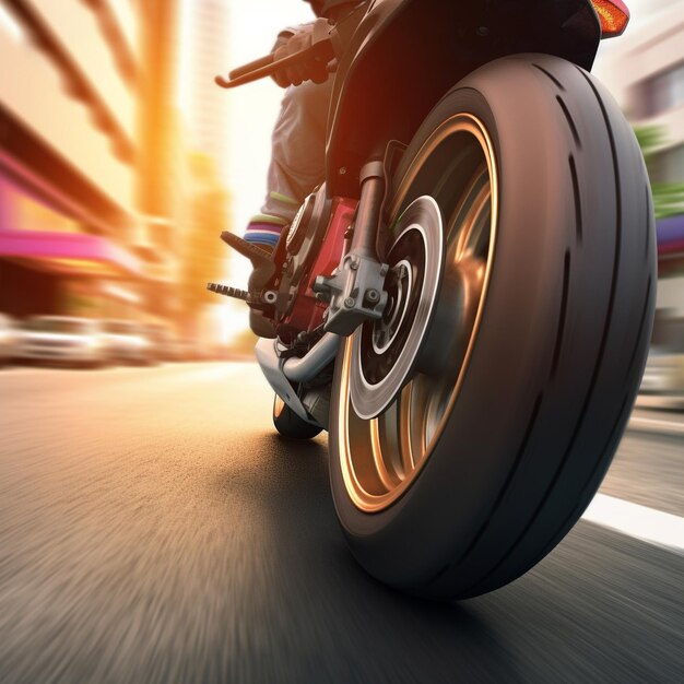 Foto un motociclista che viaggia su un'autostrada al tramonto