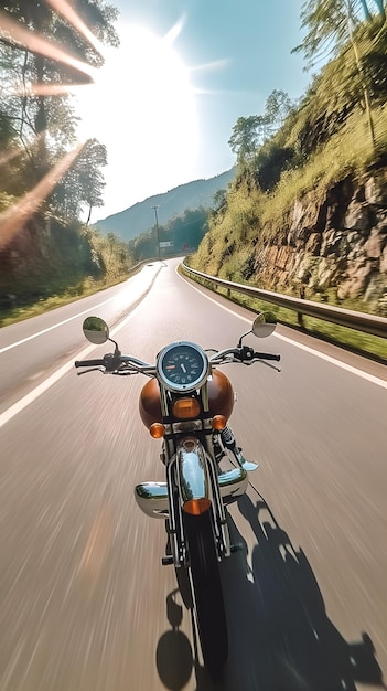 A motorcycle on the road with the word motorcycle on the front.