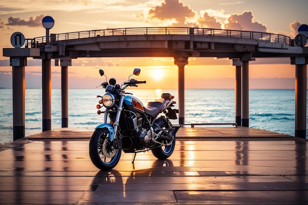 Motorcycle on the sea pier during a beautiful sea sunset travel adventure vacation concept