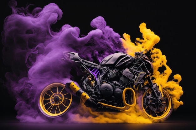 Motorcycle in smoke on a black background Generative AI