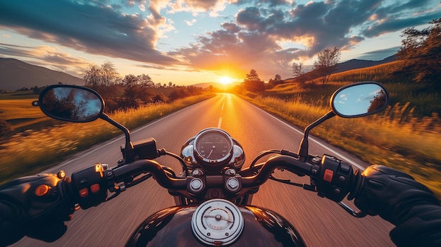 A motorcycle speeds on a road at sunset motorcyclists point of view