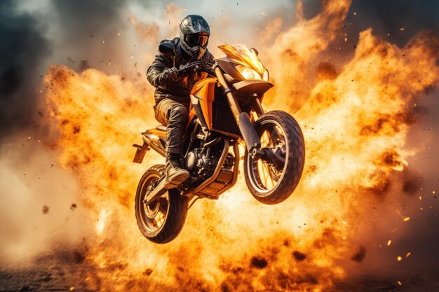 Photo motorcycle stunt jump explosion