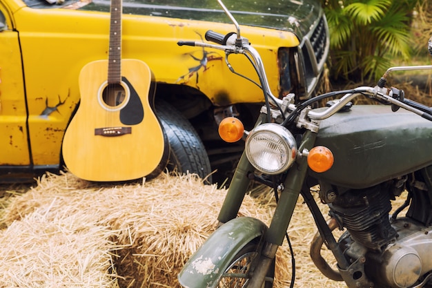 Motorcycle and truck decoration at rice field