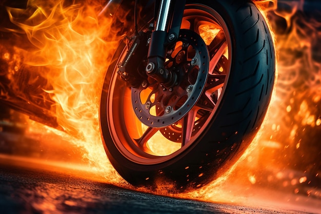 A motorcycle wheel on fire