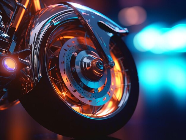 A motorcycle wheel with orange lights in the background