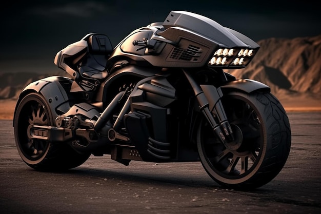 A motorcycle with a black body that says " the name of the company "