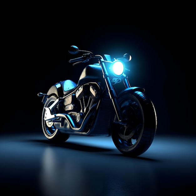 검정색 배경 3d 렌더링에 파란색 표시등이 있는 오토바이