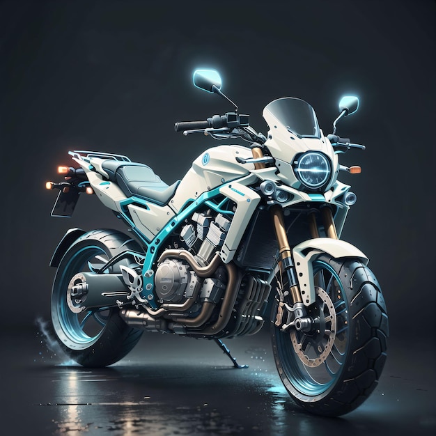 A motorcycle with circuit board is painted in a dark room