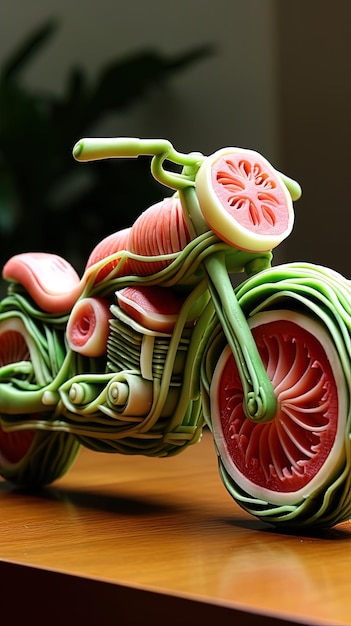 前面にフルーツのデザインのオートバイ