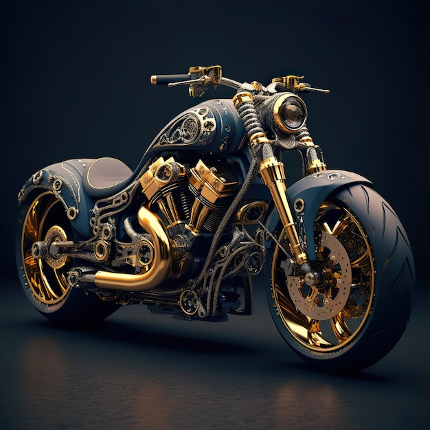 A motorcycle with gold parts and gold parts is on a dark background.