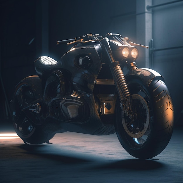A motorcycle with the letters k on it in a dark room.