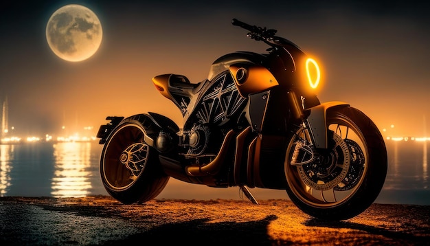 A motorcycle with the moon in the background