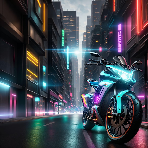 A motorcycle with neon lights on it in a city.