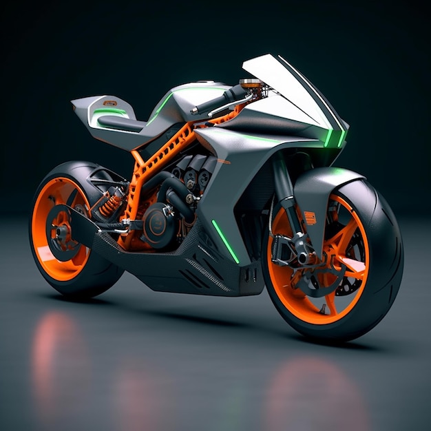 A motorcycle with orange and green accents is shown on a black background.