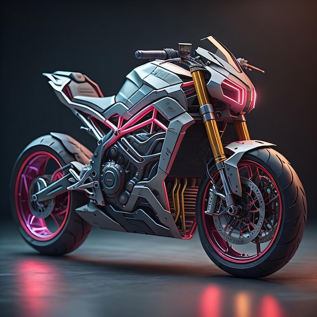 A motorcycle with pink rims and a yellow handlebars.