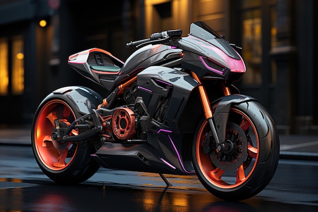 a motorcycle with a purple body and orange wheels