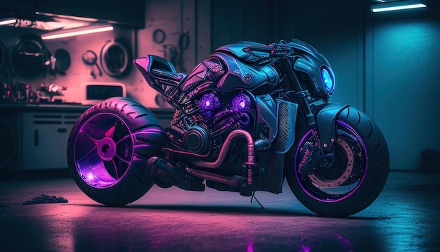A motorcycle with purple lights and a motorcycle in the background