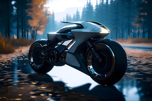 A motorcycle with a white body and a black body is on a wet road.