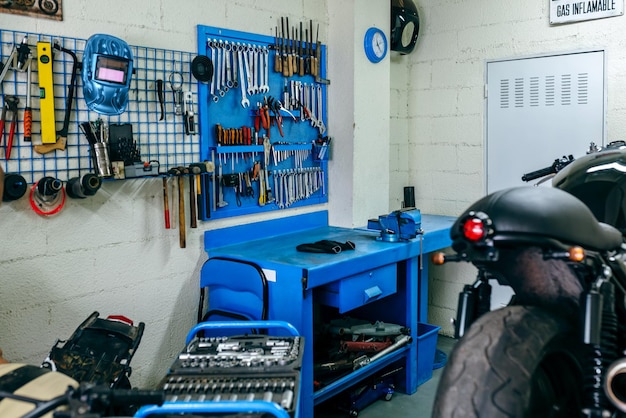 Motorcycle workshop with custom motorbike