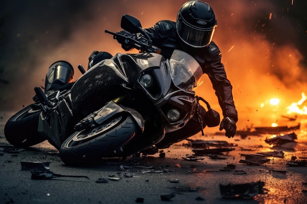 Motorcyclist in Action on a Burning Road