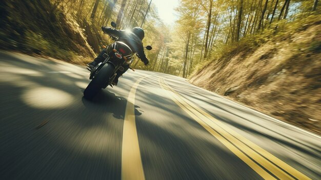 Motorcyclist in action on a city street at sunset dynamic motion blur background