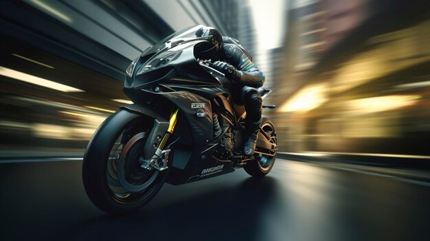 Motorcyclist in action on a city street at sunset dynamic motion blur background