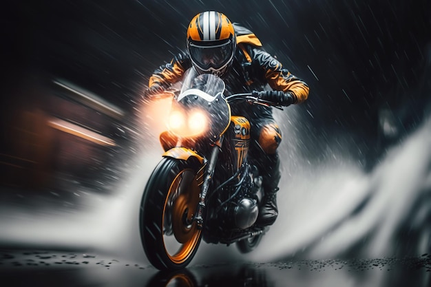 Motorcyclist driver in helmet riding motorcycle quickly through puddle Biker driving in rain motion blur Generative ai illustration