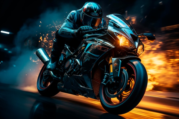 Фото Мотоциклист, едущий ночью по дороге с эффектом скорости