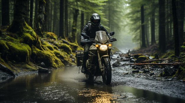 Photo motorcyclist driving on the road in forest