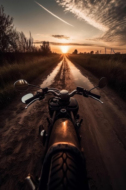 高速道路で日没時に運転するオートバイ運転手
