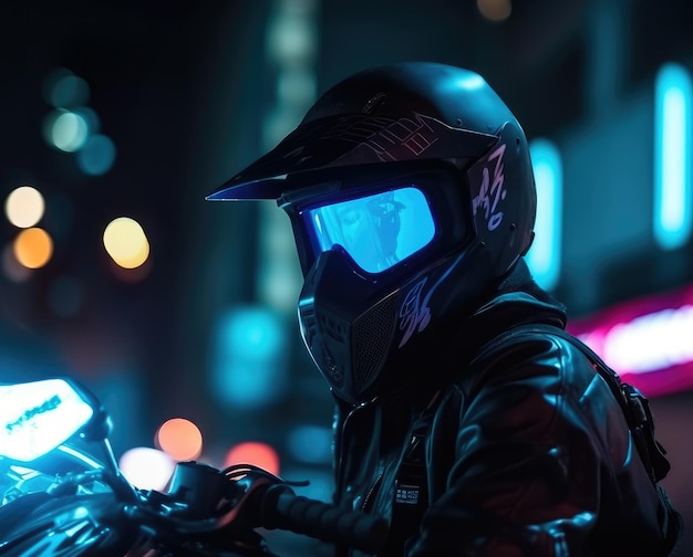 A motorcyclist in a helmet on a motorcycle rides through the night city Cyberpunk style illustratio