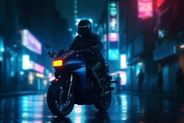 A motorcyclist in a helmet on a motorcycle rides through the night city Cyberpunk style illustratio