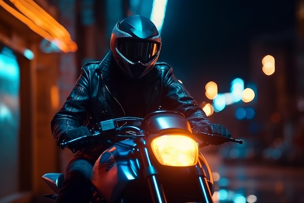 Un motociclista in un casco su una moto attraversa la città notturna illustrazione in stile cyberpunk