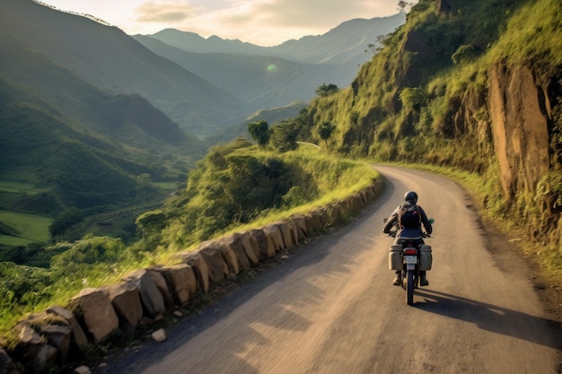 ヘルメットをかぶったモーターサイクリストが山に沿ってバイクに乗る 生成 AI