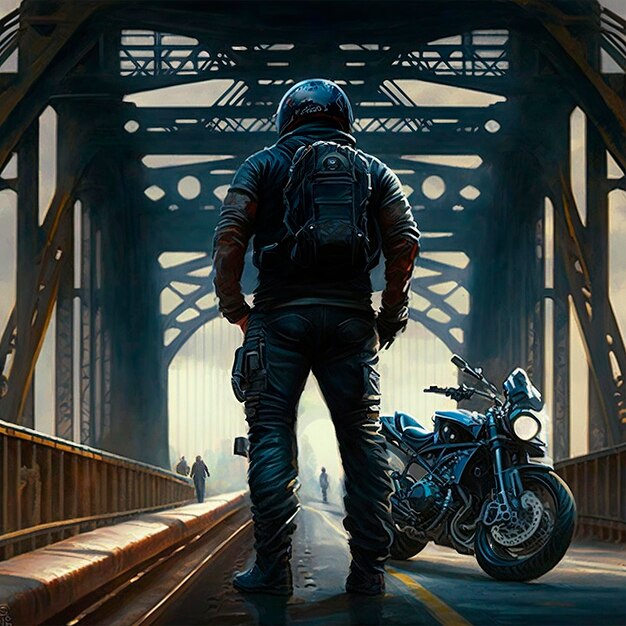 A Motorcyclist in a Helmet Rides a Motorcycle on the Road Biker on the Bridge in Motion Generative