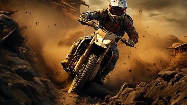 A motorcyclist on a motorcycle quickly rides through the dirt and dust on the track during